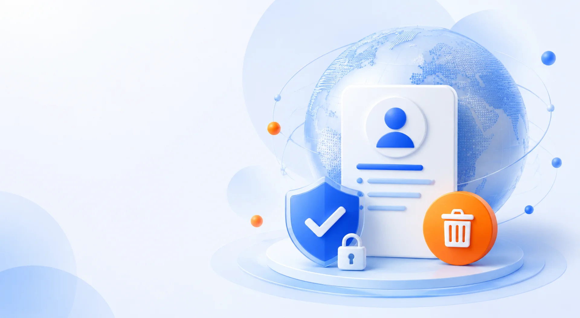 Privacy controls with profile, globe, security shield, lock, and data deletion icon