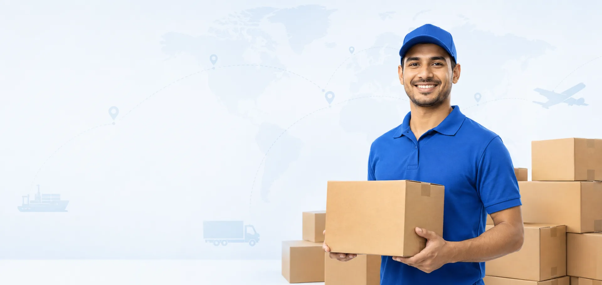 Mownii delivery professional with parcels and a global delivery map
